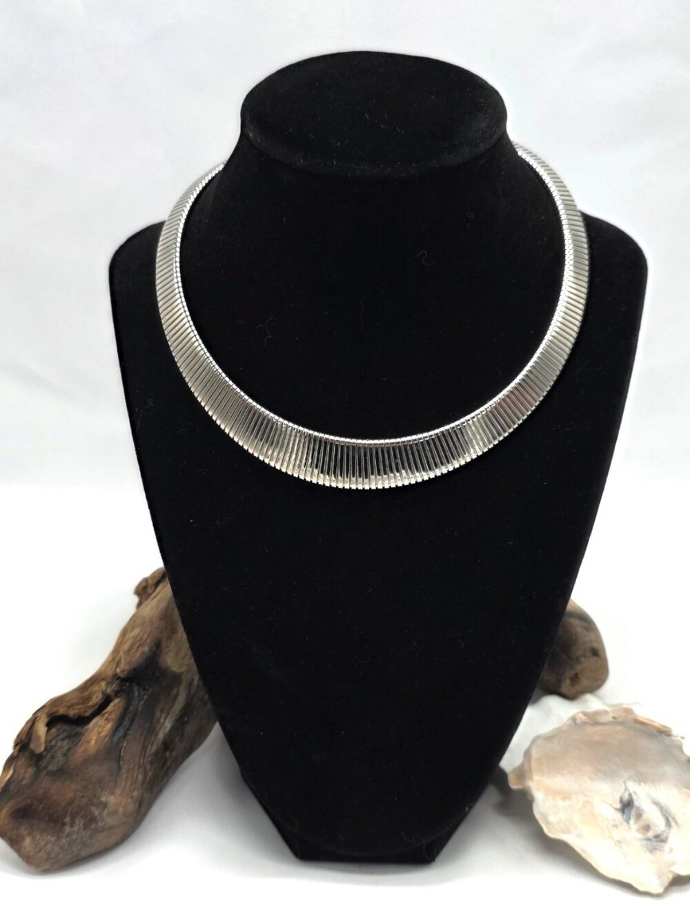 Vintage 1980s Monet Silver Tone Omega Collar Necklace Tubogas Choker 16"